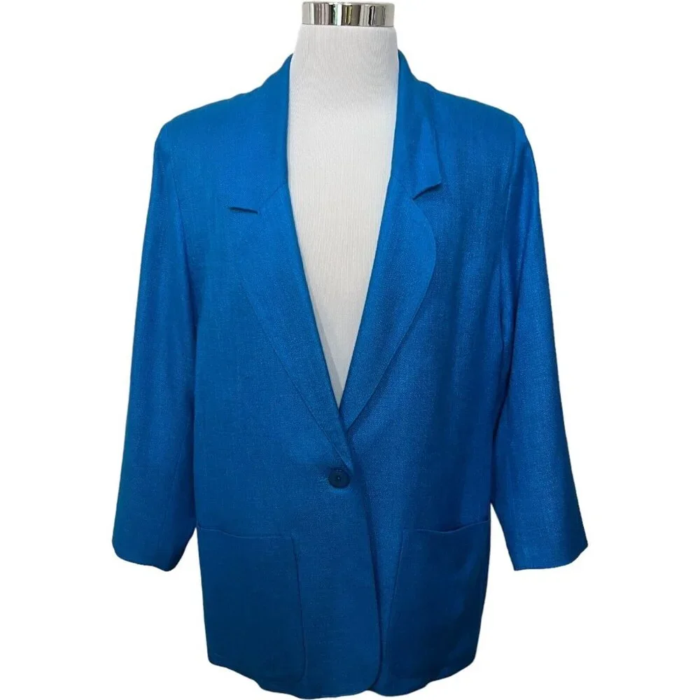 Vintage Galleria Sport‎ Womens Blue Blazer Jacket 1X Casual Tweed Career Wear